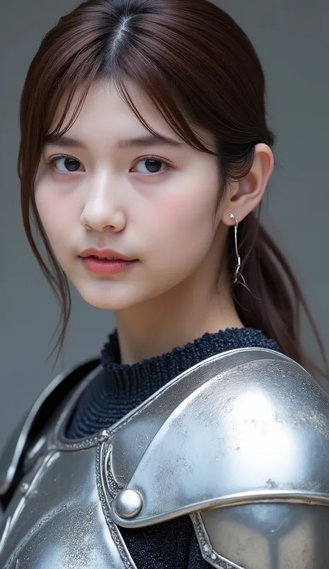 neat young woman wearing luxurious silver armor、、female knight、、漆黒の髪、、ear piercings、looking at camera、looking directly in front、、口を閉じている、への字口、、、face close-up、grey background、