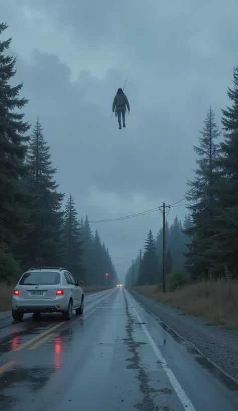 the car's taillights are red, is pale, sandwiched between, cloudy sky. the overall mood is one., the desolate road stretches far, above the forest limit line. showing wet asphalt, looking out over an eerie landscape. Standing beside, The shining surface, T...