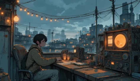 “Lofi rooftop radio station built from scavenged gear, warm string lights above, cracked skyline in the distance, survivor adjusting dials while mellow beats play softly.”