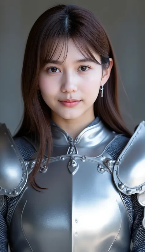 neat young woman wearing luxurious silver armor、、female knight、、漆黒の髪、、ear piercings、looking at camera、looking directly in front、、口を閉じている、への字口、、、face close-up、grey background、