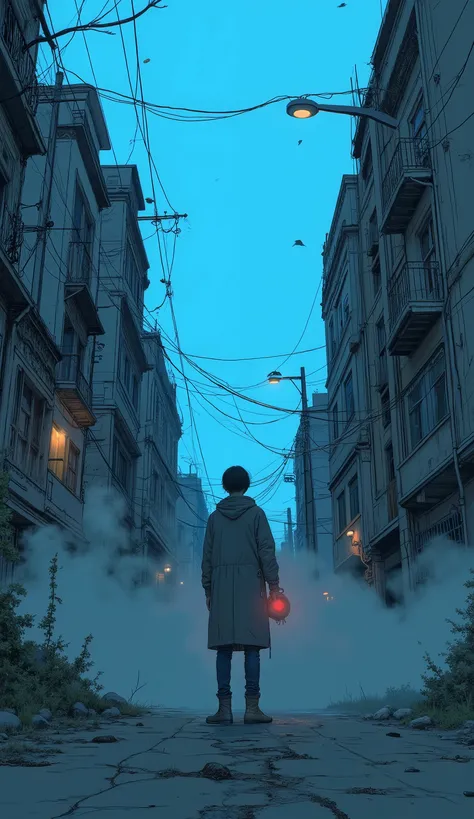 boy, Seen from behind, standing on a dark street、霞んだ霧の中で無数のcarが浮かび転がるシュールな光景を見上げている, bright blue of the sky . car, changing colors from yellow to green, red, and黒いセダン, upside down、drawn at various angles, like being caught in an anti-gravity vortex As if....