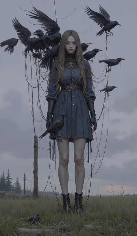 young woman before the performance, } with small brown buttons under her bodice It's stuck, walking on grass is floating in the sky at dusk, her torso is tied with thick ropes. Her Long, light brown hair flowing down around her face, Gloomy, Distant Expres...