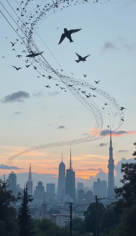 quiet, is a cityscape with, seductive, that changes from, pastel sky at dusk. That silhouette forms a dotted path, long exposure It shows the flight path as if captured in a picture. The sky is 、blue under a complex group of birds, The top is almost white ...