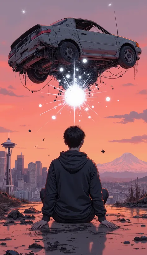 A young man meditating with legs crossed on a dark red surface, hand placed on the knee. he wears a black hoodie、 has short black hair . above him, severely damaged, dark-colored cars floating in the air, black debris falls from below and appears to be col...