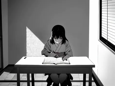young person reading a philosophy book in a quiet room, soft morning light, floating question marks made of gentle light, calm expression, introspective atmosphere, warm wooden desk, fountain pen and notebook open, subtle glow around the book, minimalist J...
