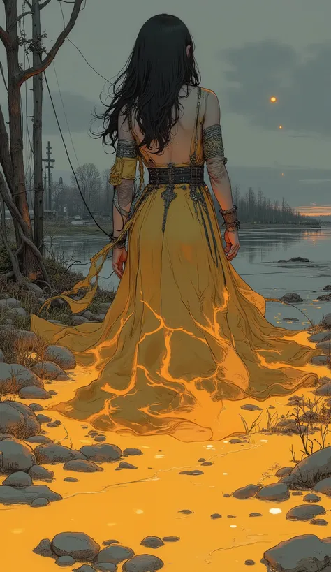 dark-haired woman, Seen from behind, teeth浅瀬に裸足で立っています, she's turning her back on her audience. 彼女teeth流れる, 。The cloth gently swirls around the legs, and golden highlights, Projecting 、emits dazzling light under your feet. Her Hair, and small, It shines 、b...