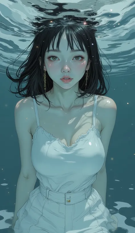 Beautiful Japanese woman in a white camisole, Is submerged in water, stylized, arms are slightly bent. the body is pointing downwards, legs are sinking toward the surface of the water, dark hair spreads around the head. the part where the top looks dark bl...