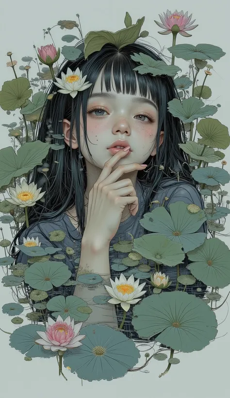 黒髪の人と明るい肌の色が水に沈んinいる, Blended with 、is surrounded by lots of lily pads. the majority of individuals are covered with dark water and lily leaves, 裸の腕だけin, hand, legs are clearly visible. hair is spread out in the water, The dark tone. the size and shade of ...