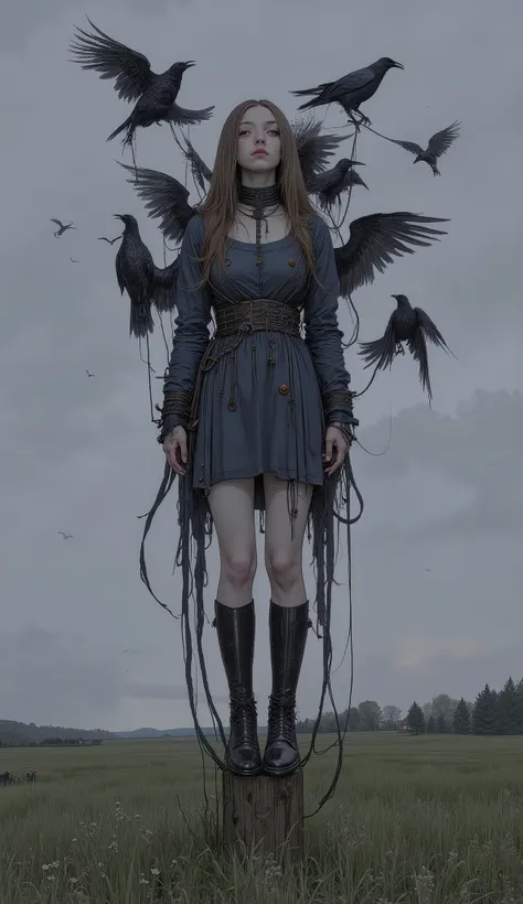 young woman before the performance, } with small brown buttons under her bodice It's stuck, walking on grass is floating in the sky at dusk, her torso is tied with thick ropes. Her Long, light brown hair flowing down around her face, Gloomy, Distant Expres...