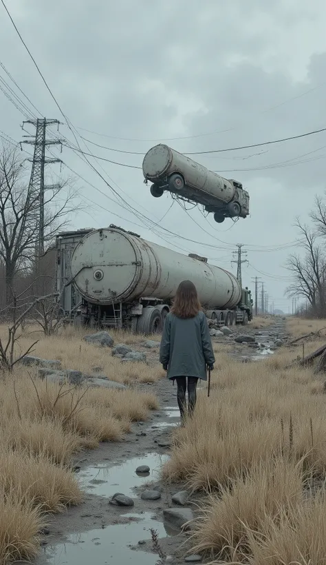 I'm wearing a dark jacket。shoulder-length brown hair, Seen from behind, teeth乾燥した, light brown grass, A person wearing.shoulder-length brown hair. abovementioned, is a surreal scene of destruction with a calm color palette dominated by {x}, Fragmented、Coll...