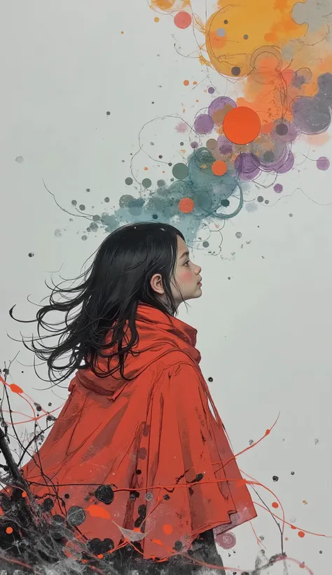 shadow figure, Probably the twinkling eyes of a child, she is turning her face away from the viewer, bright red cloak, dark background. bright red cloak, color is, dark hair flows. Figure above , almost white upper background, translucent circles and amorp...