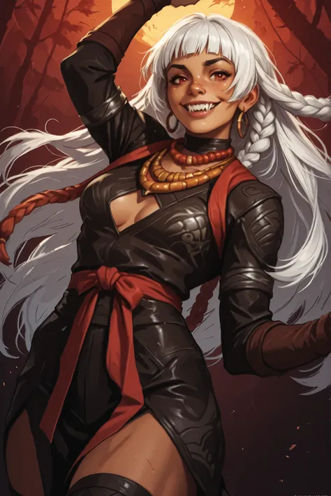 Woman looks like Annette from Castlevania Nocturne. Cute girl. Anthro. Dunkle Haut. She has a horizontal scar over her nose. She has sharp teeth. pointed fangs in her mouth. your body is athletic, with muscles and abs. B-Cup. Sie hat rote, Augen, A pretty,...