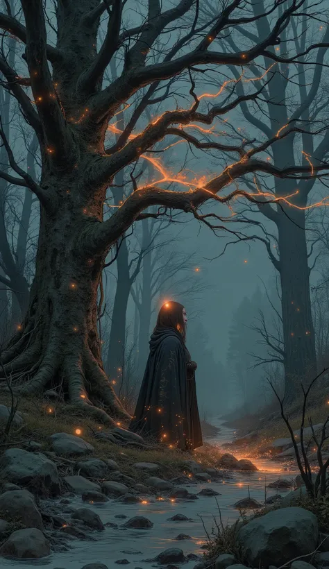 ., with their dark hair turned to, dark surroundings facing, Misty Forest. they have long, complicated, ribbon where the branches disappear into atmospheric haze、illuminates dark surroundings with constant enthusiasm. Dense, viewers Can stand, and a lonely...