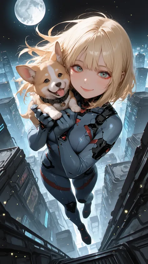 dutch angle, cute girl in bodysuit floating in the air in zero gravity, smile, active pose, holding doggy, wind blows, light particles, cyberpunk city, moon, from above, fullbody shot, looking at viewer