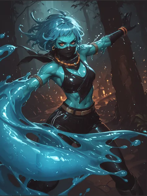 Woman looks like Annette from Castlevania Nocturne. Cute slimegirl. Shiny black (latex) Haut. Transparent slime body. She has a horizontal scar over her nose.  Your slimy body is athletic, with muscles and abs. B-Cup. Sie hat rote, schmale, asiatische Auge...