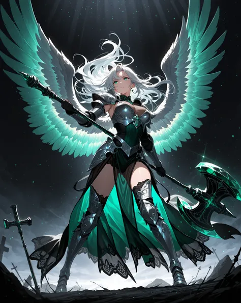 (masterpiece:1.2), Angel Woman, A clean and beautiful face, Intricate Black and Silver Armor, Cross Hammer Thrust to the Ground, Big Wind Wings See-Through in Emerald Color, backlight and light particles, dark fantasy style, epic