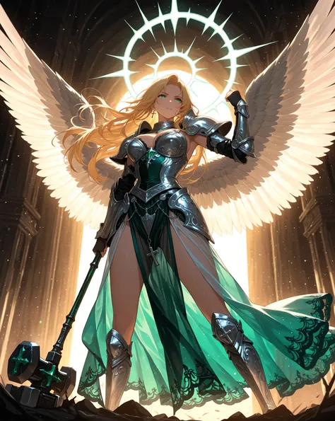 (masterpiece:1.2), Angel Woman, A clean and beautiful face, Intricate Black and Silver Armor, Cross Hammer Thrust to the Ground, Big Wind Wings See-Through in Emerald Color, backlight and light particles, dark fantasy style, epic