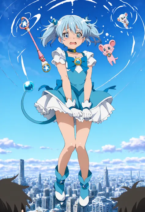 zero gravity,(masterpiece,high quality,ultra-detailed:1.2),perfect anatomy,anime coloring,anime screencap,newest,BREAK,1 girl,blue pigtail,light blue eyes,cute,kawaii,shy,open mouth,magical girl, magic wand, magic, magical effect, magical light,zero gravit...
