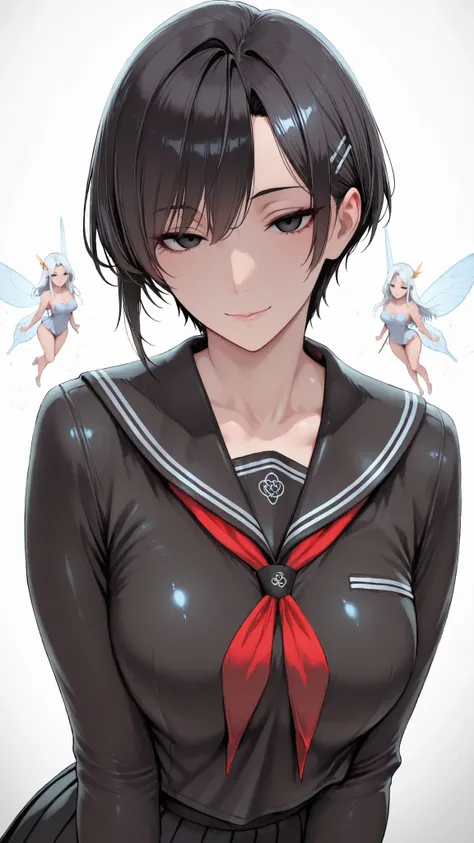 insanely detailed,
she's beautiful,upper body
Clear, clear line, Crisp edges, Clear contours, No Additional Characters,
short, choppy, pixie cut black hair and idiot hair, Smooth silky texture, No White Hair,
Attached、detailed black eyes with elaborate iri...