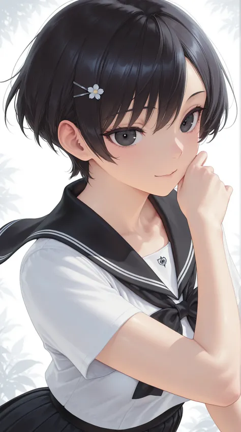 insanely detailed,
she's beautiful,upper body
Clear, clear line, Crisp edges, Clear contours, No Additional Characters,
short, choppy, pixie cut black hair and idiot hair, Smooth silky texture, No White Hair,
Attached、detailed black eyes with elaborate iri...