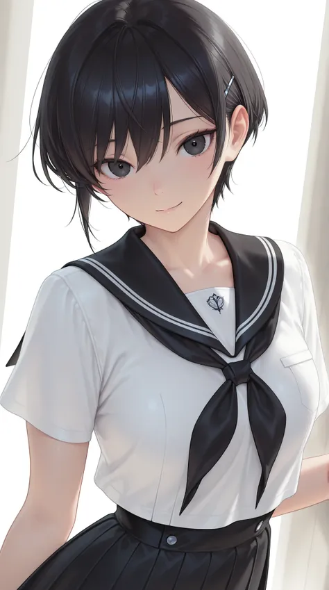 insanely detailed,
she's beautiful,upper body
Clear, clear line, Crisp edges, Clear contours, No Additional Characters,
short, choppy, pixie cut black hair and idiot hair, Smooth silky texture, No White Hair,
Attached、detailed black eyes with elaborate iri...