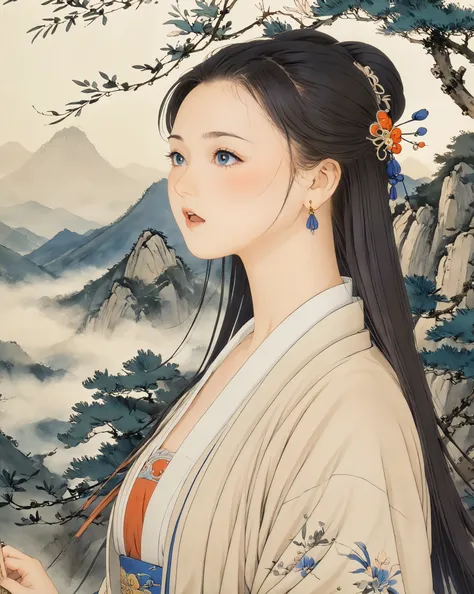 (((stylized traditional chinese painting, manga, wuxia story))), elegant girl in traditional close hanfu, windy aerial hair, soft diffused lighting, deep-blush, in mountain, trees, 