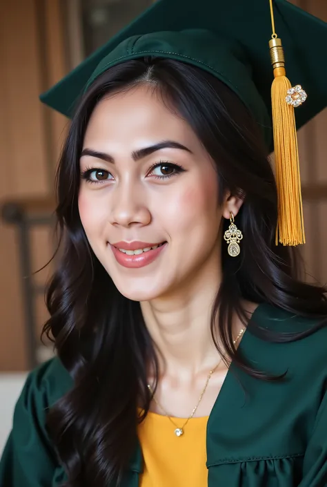 A close-up photograph of a young woman smiling and wearing a graduation cap and gown with a gold and jeweled earring.