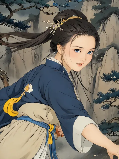(((stylized traditional chinese painting, manga, wuxia story))), elegant girl in traditional close hanfu, windy aerial hair, soft diffused lighting, deep-blush, in mountain, trees, fighting pose, smirk, 