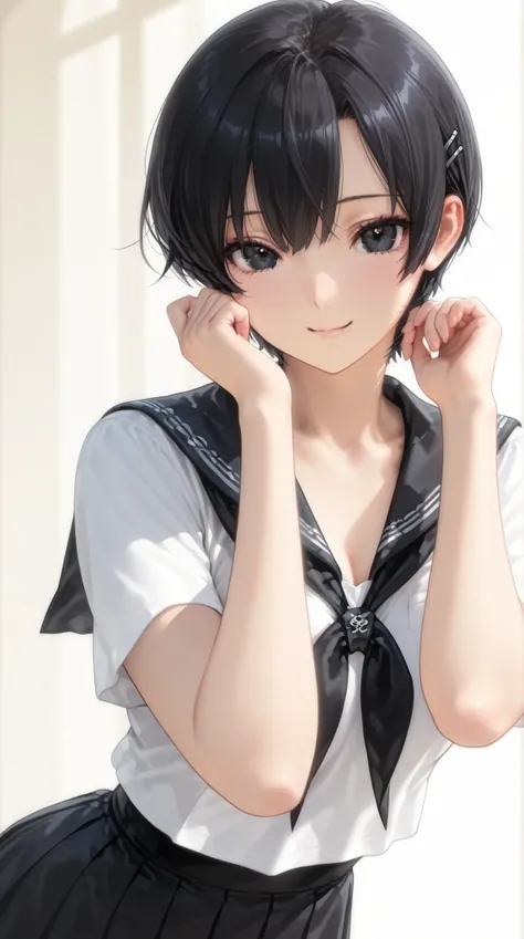 insanely detailed,
she's beautiful,upper body
Clear, clear line, Crisp edges, Clear contours, No Additional Characters,
short, choppy, pixie cut black hair and idiot hair, Smooth silky texture, No White Hair,
Attached、detailed black eyes with elaborate iri...