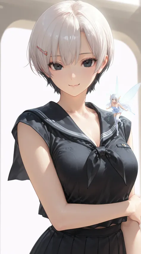 insanely detailed,
she's beautiful,upper body
Clear, clear line, Crisp edges, Clear contours, No Additional Characters,
short, choppy, pixie cut black hair and idiot hair, Smooth silky texture, No White Hair,
Attached、detailed black eyes with elaborate iri...