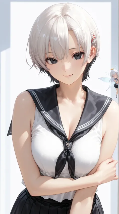 insanely detailed,
she's beautiful,upper body
Clear, clear line, Crisp edges, Clear contours, No Additional Characters,
short, choppy, pixie cut black hair and idiot hair, Smooth silky texture, No White Hair,
Attached、detailed black eyes with elaborate iri...
