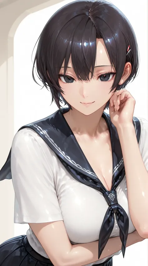 insanely detailed,
she's beautiful,upper body
Clear, clear line, Crisp edges, Clear contours, No Additional Characters,
short, choppy, pixie cut black hair and idiot hair, Smooth silky texture, No White Hair,
Attached、detailed black eyes with elaborate iri...