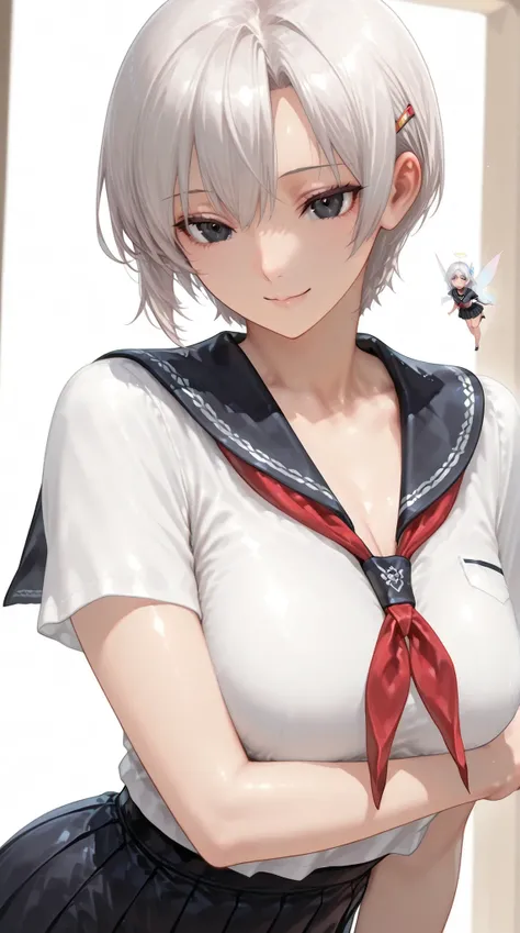 insanely detailed,
she's beautiful,upper body
Clear, clear line, Crisp edges, Clear contours, No Additional Characters,
short, choppy, pixie cut black hair and idiot hair, Smooth silky texture, No White Hair,
Attached、detailed black eyes with elaborate iri...