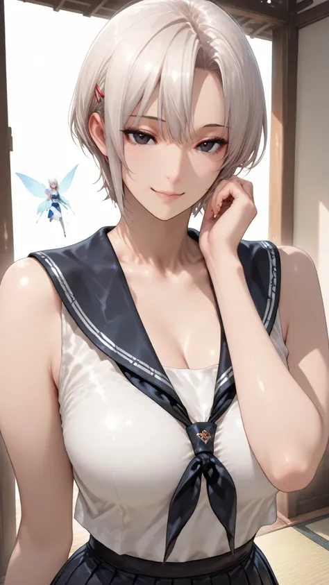 insanely detailed,
she's beautiful,upper body
Clear, clear line, Crisp edges, Clear contours, No Additional Characters,
short, choppy, pixie cut black hair and idiot hair, Smooth silky texture, No White Hair,
Attached、detailed dark eyes with detailed irise...