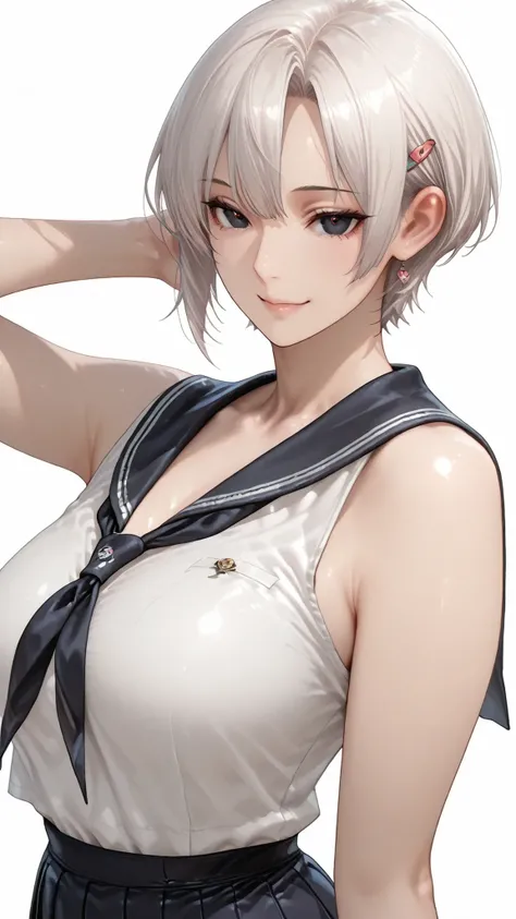 insanely detailed,
she's beautiful,upper body
Clear, clear line, Crisp edges, Clear contours, No Additional Characters,
short, choppy, pixie cut black hair and idiot hair, Smooth silky texture, No White Hair,
Attached、detailed dark eyes with detailed irise...
