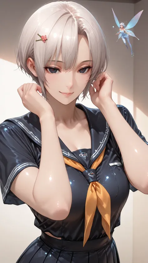 insanely detailed,
she's beautiful,upper body
Clear, clear line, Crisp edges, Clear contours, No Additional Characters,
short, choppy, pixie cut black hair and idiot hair, Smooth silky texture, No White Hair,
Attached、detailed dark eyes with detailed irise...