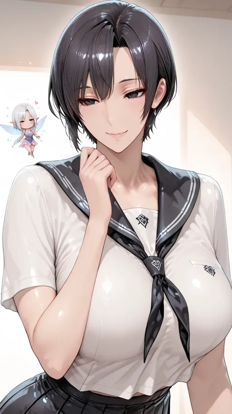 insanely detailed,
she's beautiful,upper body
Clear, clear line, Crisp edges, Clear contours, No Additional Characters,
short, choppy, pixie cut black hair and idiot hair, Smooth silky texture, No White Hair,
Attached、detailed dark eyes with detailed irise...