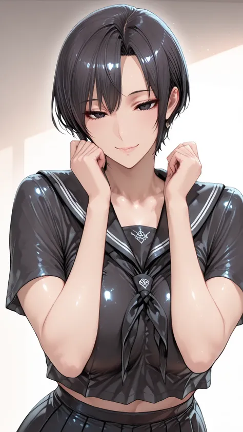 insanely detailed,
she's beautiful,upper body
Clear, clear line, Crisp edges, Clear contours, No Additional Characters,
short, choppy, pixie cut black hair and idiot hair, Smooth silky texture, No White Hair,
Attached、detailed dark eyes with detailed irise...