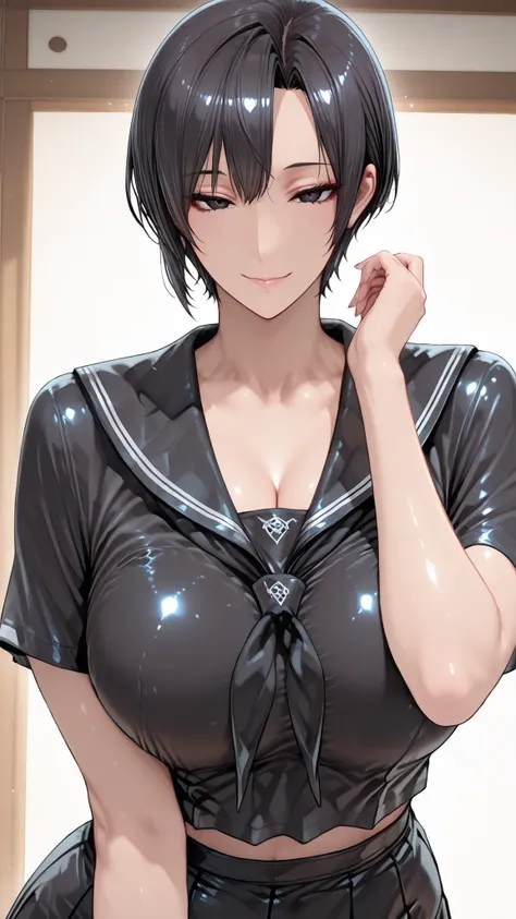 insanely detailed,
she's beautiful,upper body
Clear, clear line, Crisp edges, Clear contours, No Additional Characters,
short, choppy, pixie cut black hair and idiot hair, Smooth silky texture, No White Hair,
Attached、detailed dark eyes with detailed irise...