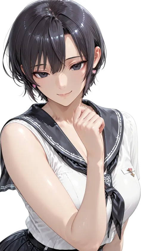insanely detailed,
she's beautiful,upper body
Clear, clear line, Crisp edges, Clear contours, No Additional Characters,
short, choppy, pixie cut black hair and idiot hair, Smooth silky texture, No White Hair,
Attached、detailed dark eyes with detailed irise...
