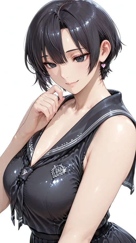 insanely detailed,
she's beautiful,upper body
Clear, clear line, Crisp edges, Clear contours, No Additional Characters,
short, choppy, pixie cut black hair and idiot hair, Smooth silky texture, No White Hair,
Attached、detailed black eyes with elaborate iri...