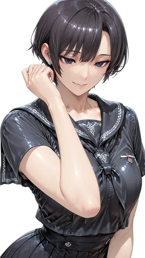 insanely detailed,
she's beautiful,upper body
Clear, clear line, Crisp edges, Clear contours, No Additional Characters,
short, choppy, pixie cut black hair and idiot hair, Smooth silky texture, No White Hair,
Attached、detailed dark eyes with detailed irise...