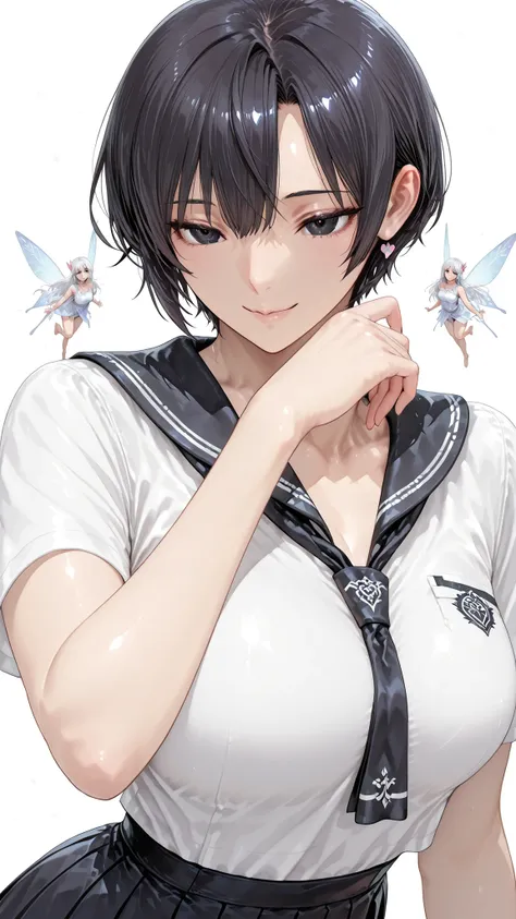 insanely detailed,
she's beautiful,upper body
Clear, clear line, Crisp edges, Clear contours, No Additional Characters,
short, choppy, pixie cut black hair and idiot hair, Smooth silky texture, No White Hair,
Attached、detailed dark eyes with detailed irise...