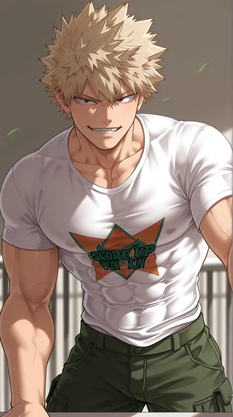 1man, Katsuki Bakugou, hair blowing in the wind, low smirk.
Pose: leaning forward with both forearms on the balcony railing, shirt rising from the wind, showing abs and V-line.
Outfit: simple loose T-shirt, low-rise cargo pants.
Setting: nighttime city wit...