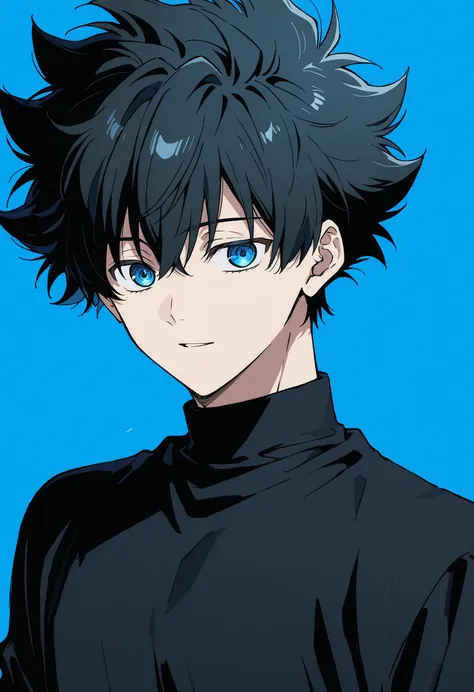 boy, blue eyes, black hair, spiky hair, fluffy hair, blue background, black tshirt turtleneck