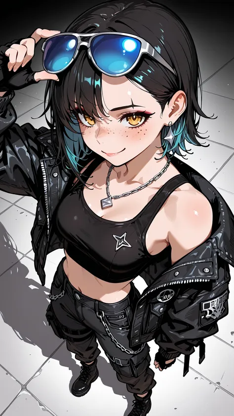 perspective,woman, athletic slender build, small bust, rectangular waist, honey skin with freckles, light hazel eyes, short curly black buzzcut fade, mocking half-smile, scar over eyebrow, wearing oversized distressed black denim jacket with gothic patches...