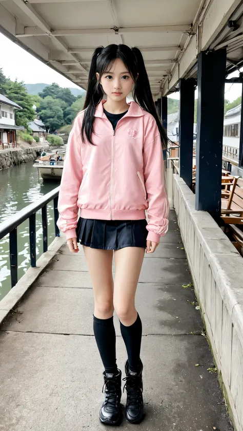 A young Japanese girl is standing near a riverside in Japan、17 years old、pretty face、long black hair、Twin Tails、Stylish cute pink long sleeve clothes、jacket、miniskirt,black knee-high socks、sports boots、on the side、full body view