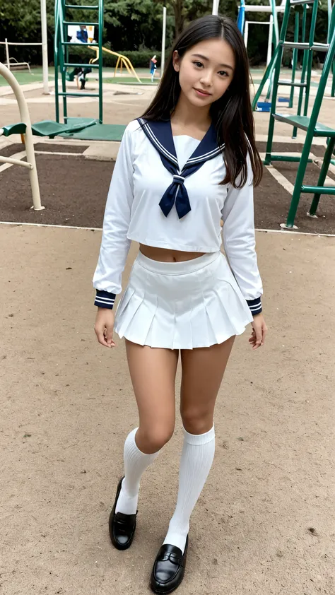 Realistic Japanese high school girl standing on the playground、long sleeve sailor suit、miniskirt、pretty face、high socks、loafers、full body view