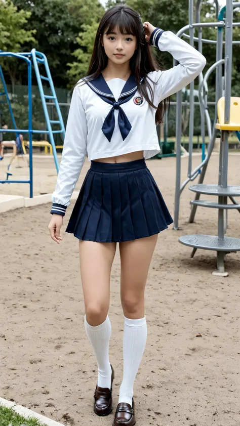 Realistic Japanese high school girl standing on the playground、long sleeve sailor suit、miniskirt、pretty face、high socks、loafers、full body view