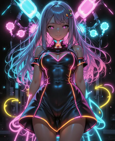 neon piping dress,long hair, club,holographic,Enchanting,Sensual,flashy,street lamp,Laser,4K High Quality,human model,high dynamic range,anime style,Professional,vivid color,bokeh effect